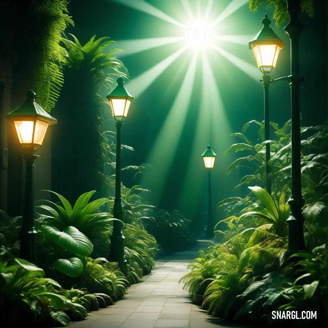 UFO Green color. Pathway with a light shining down on it and plants around it and a path leading to a light