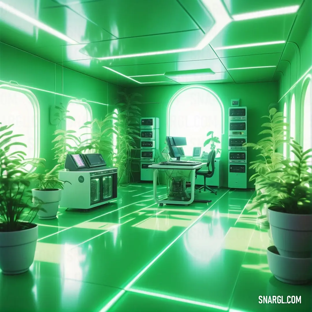 Room with a desk and a computer on a desk and a potted plant in the corner of the room. Color RGB 60,208,112.
