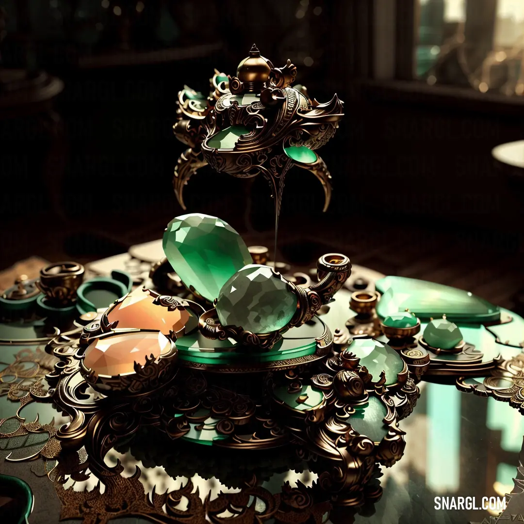 UFO Green color example: Table with a glass top and a fancy table top with a green glass centerpiece on it and a mirror behind it