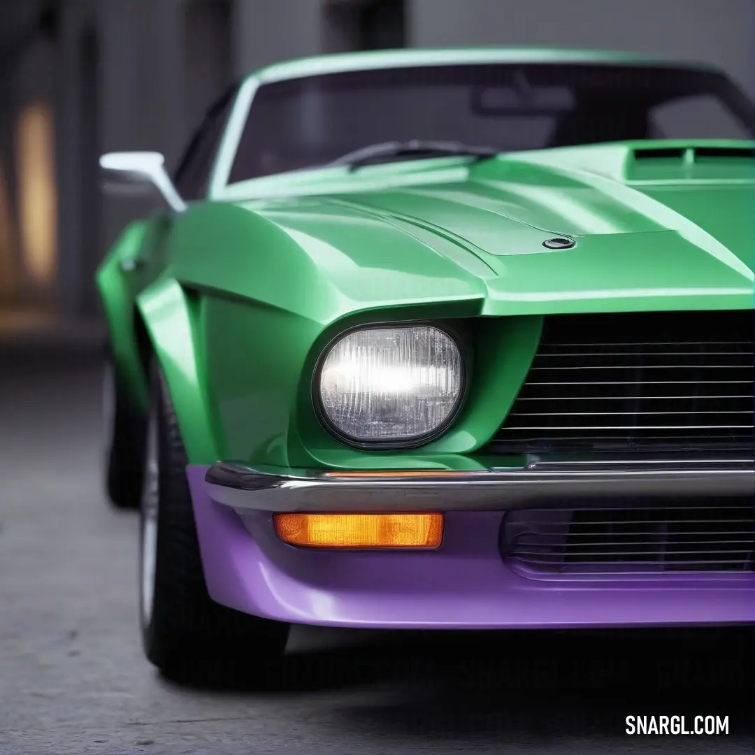 Green and purple car parked in a garage next to a building with a light on it's headlight. Example of UFO Green color.