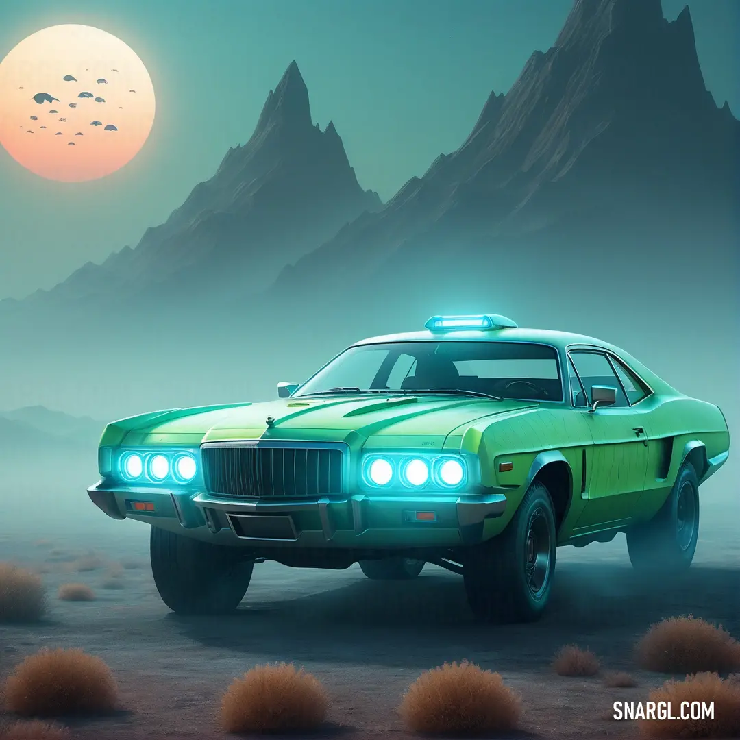 UFO Green color example: Green car with lights on in a desert area with mountains in the background