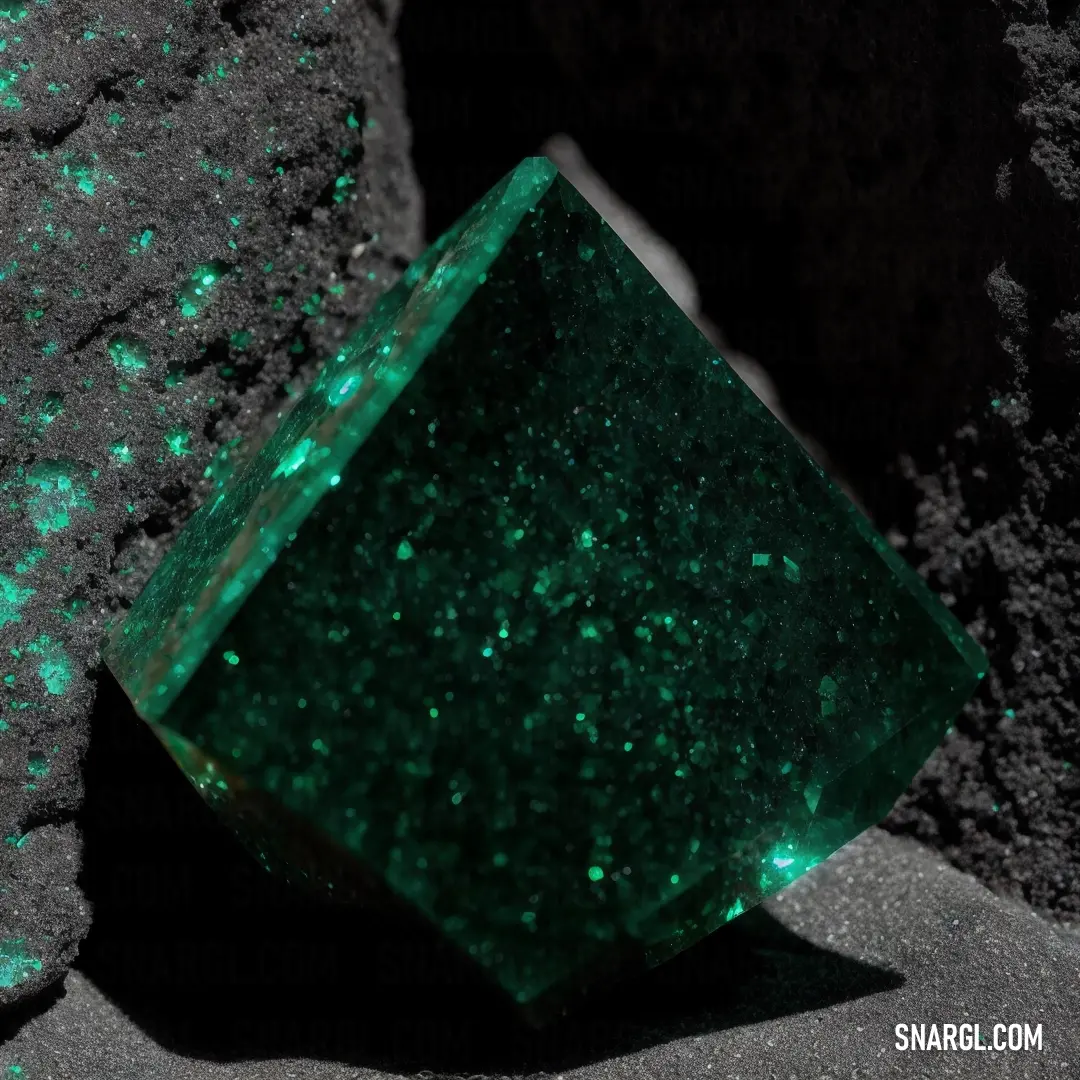 Green object on top of a rock next to a wall of rocks and dirt with green spots. Color RGB 60,208,112.