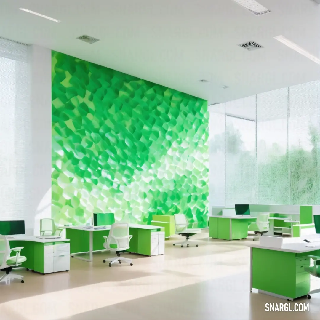 UFO Green color example: Room with a green wall and white desks and chairs and a large window with a view of the outside