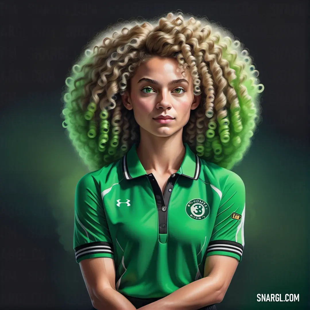 Woman with a green shirt and a green afro is posing for a picture with her arms crossed. Color CMYK 71,0,46,18.