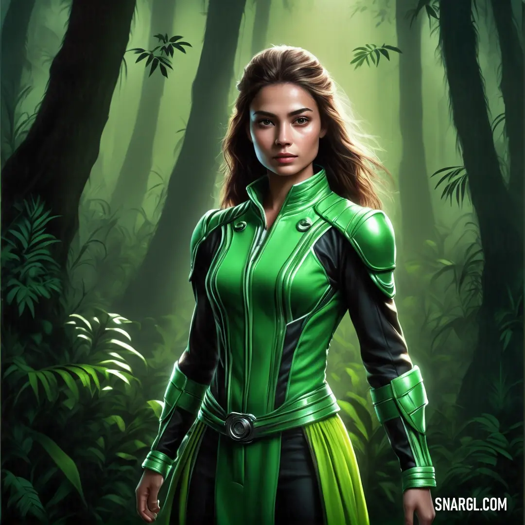 Woman in a green and black outfit standing in a forest with trees and plants behind her. Example of CMYK 71,0,46,18 color.