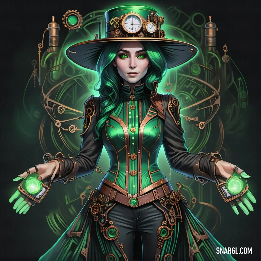 Woman in a green outfit and a hat with a clock on her head. Example of UFO Green color.
