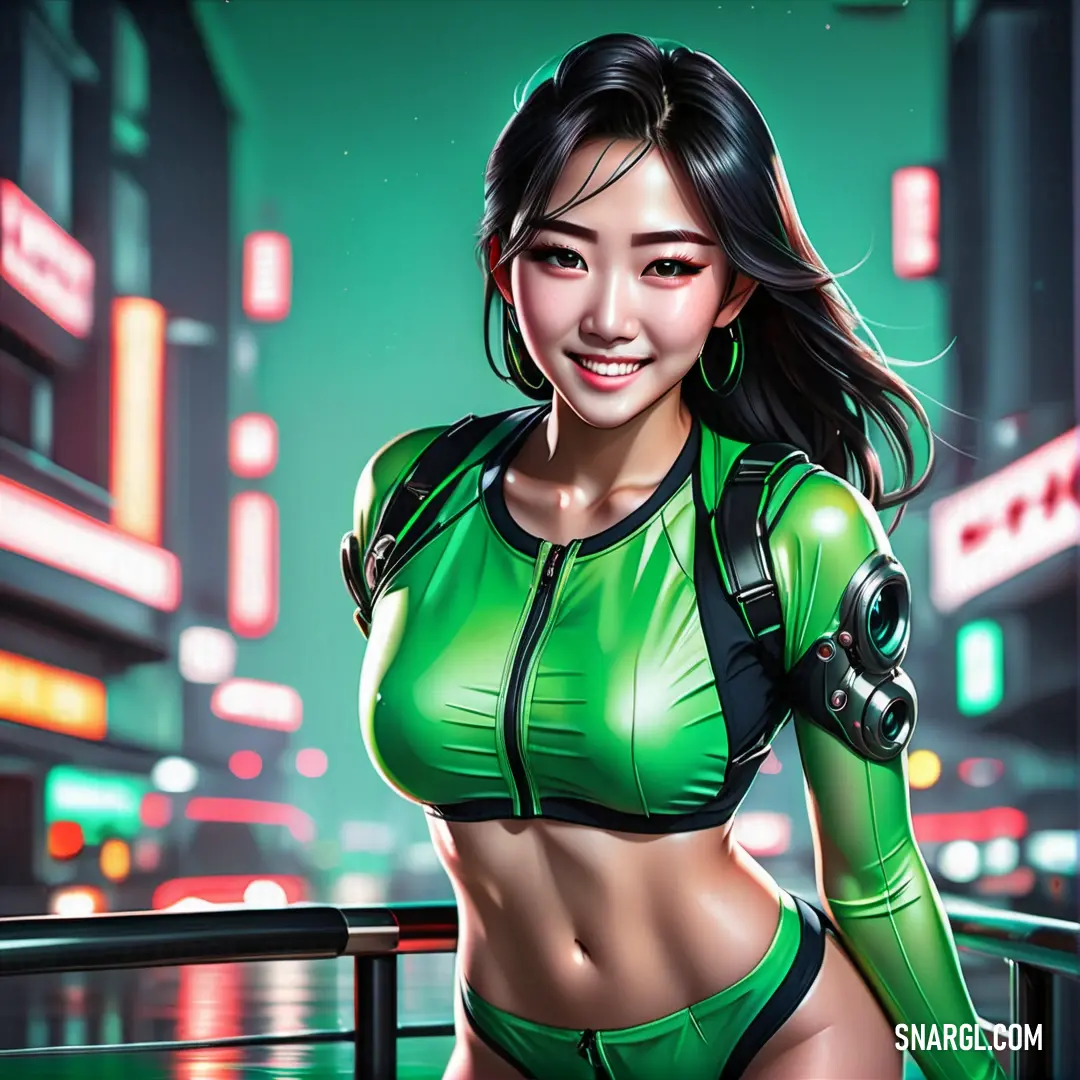 Woman in a green outfit standing in a city at night with neon lights behind her. Example of #3CD070 color.
