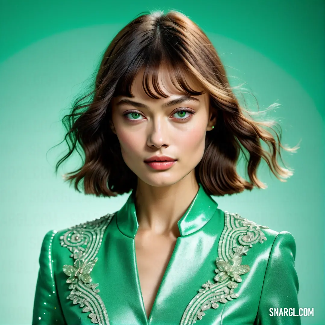 Woman with a green shirt and a green background is shown in this image. Example of UFO Green color.