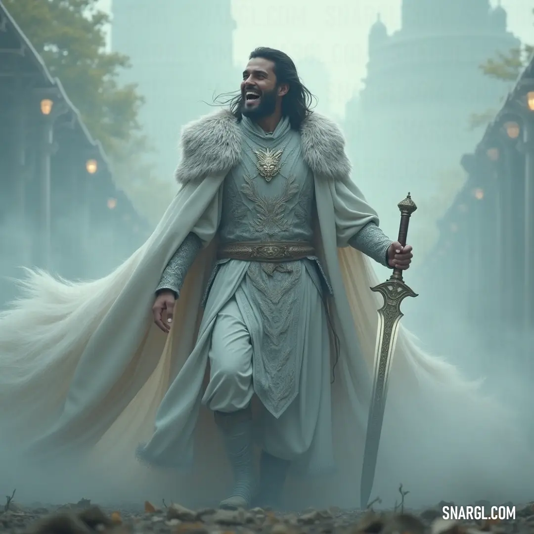 A white-clad warrior holding a sword in a fog-draped battleground. A valiant warrior dressed in a gleaming white outfit stands heroically amidst swirling fog, brandishing a sword that glimmers with hope. The ethereal atmosphere surrounds him, evoking a sense of determination and strength against unseen foes.