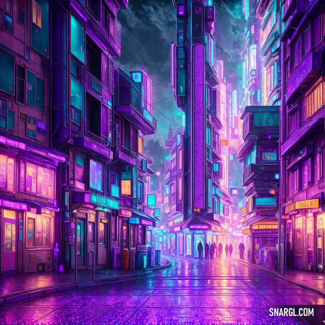 City street with a lot of tall buildings and neon lights on it's sides and a purple sky
