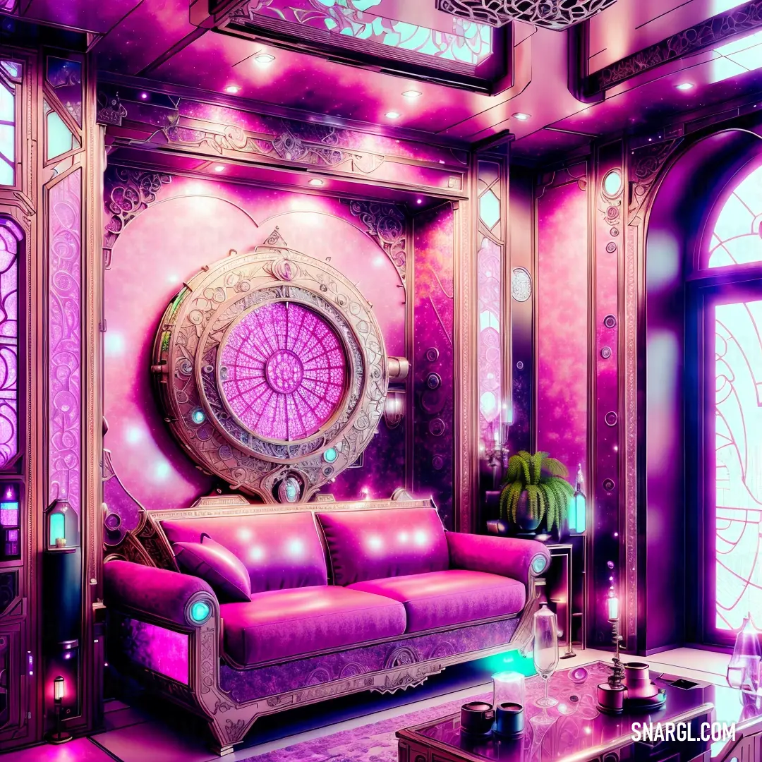Living room with a couch and a table in it with a large clock on the wall above it