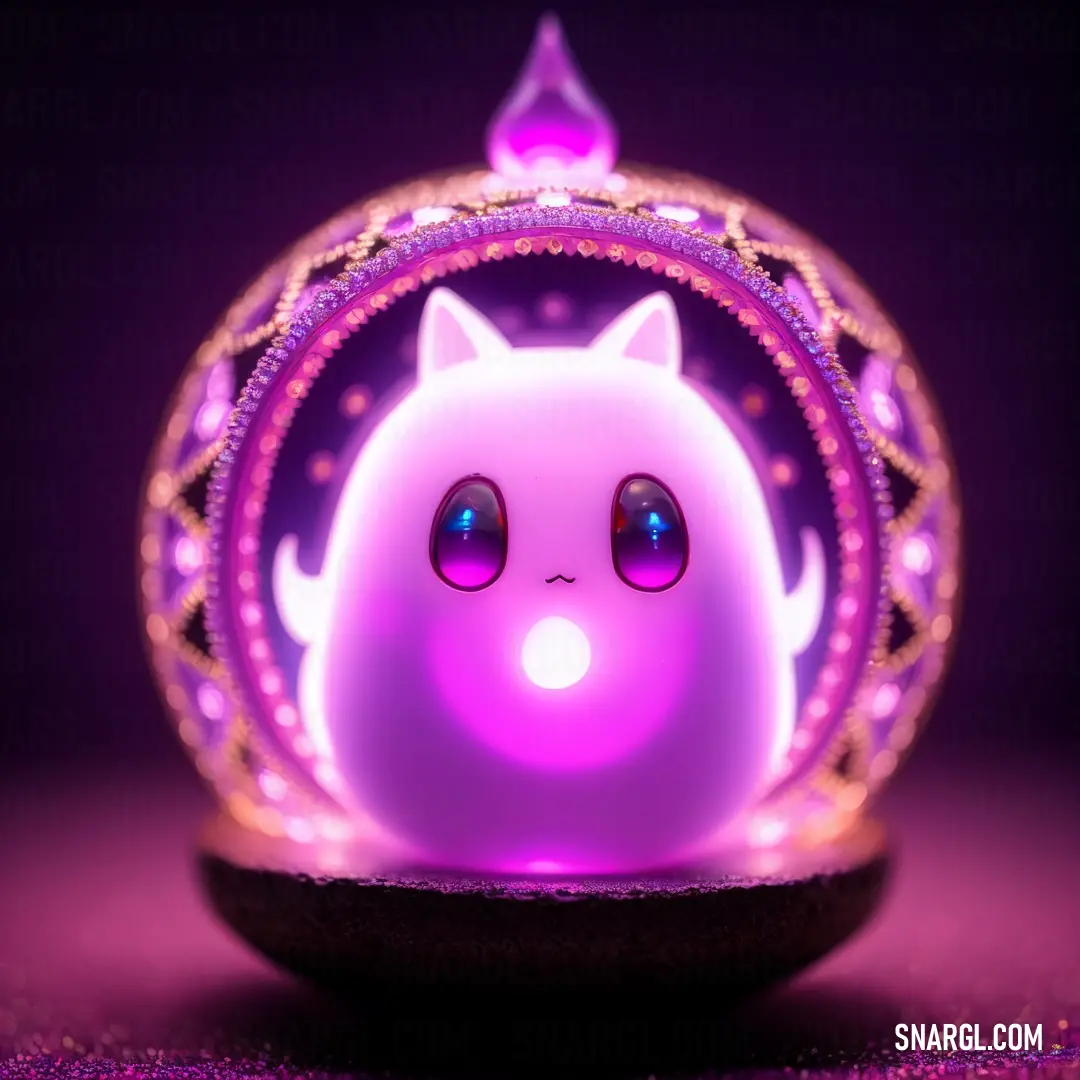 Purple cat with a purple crown on top of it's head and eyes glowing in the dark