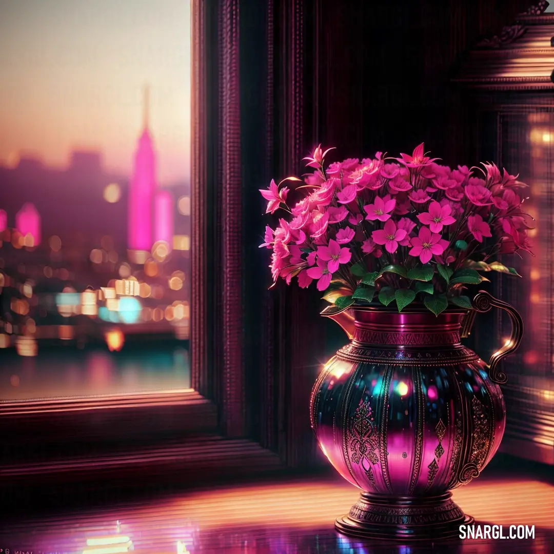 Vase with flowers on a table in front of a window with a city view in the background at night