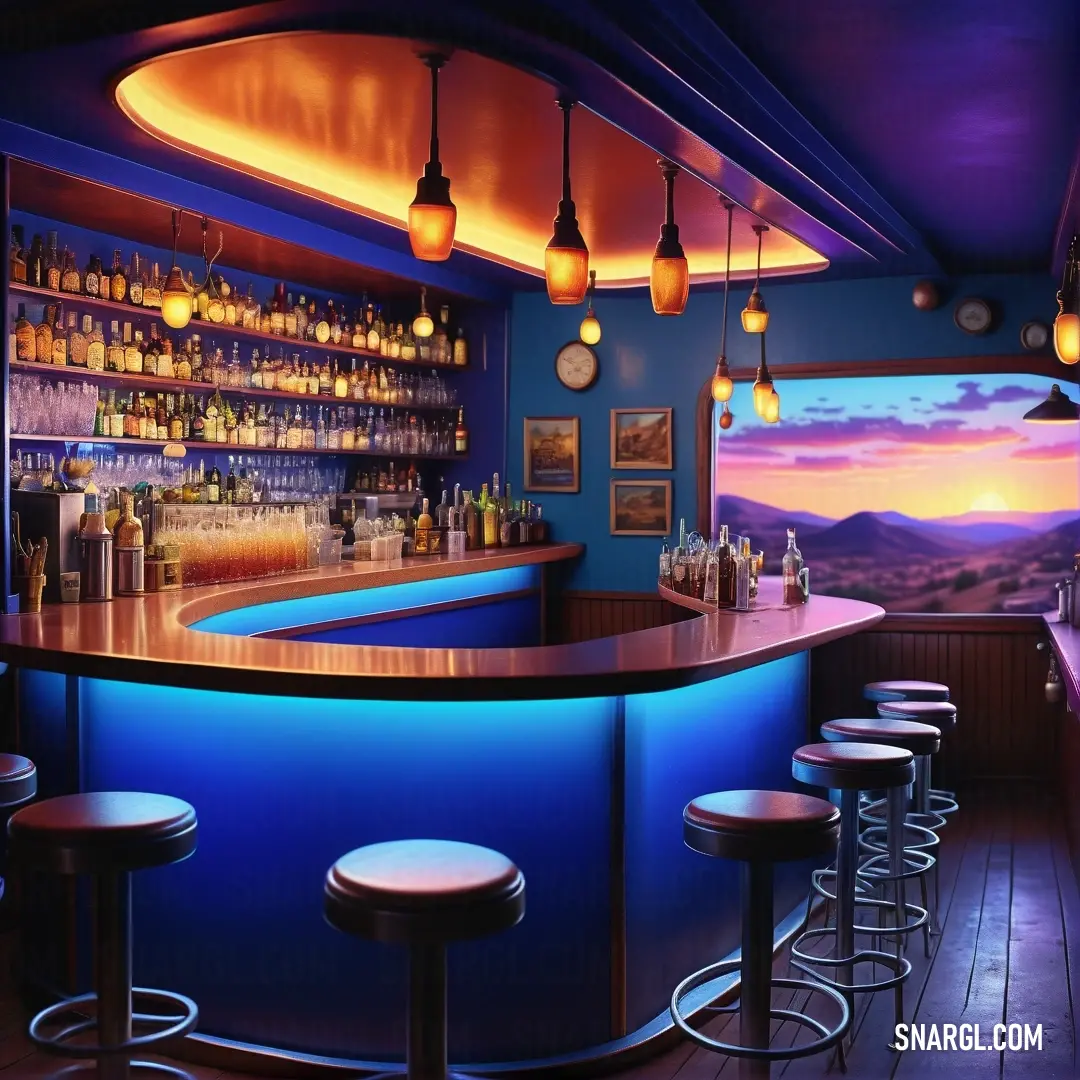 Bar with a blue bar and a mountain view behind it at night time. Example of RGB 65,102,245 color.