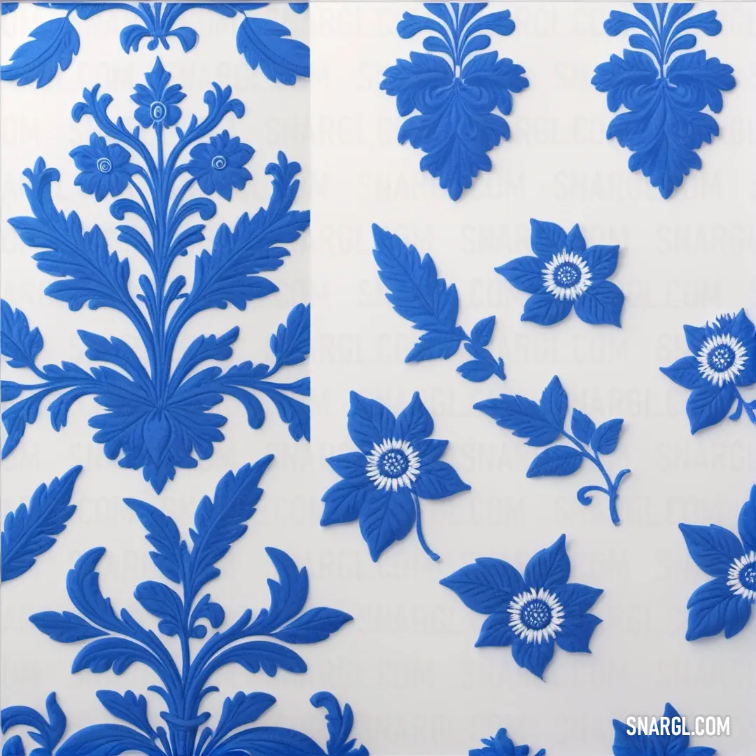 Blue and white wall with flowers and leaves on it. Color RGB 65,102,245.
