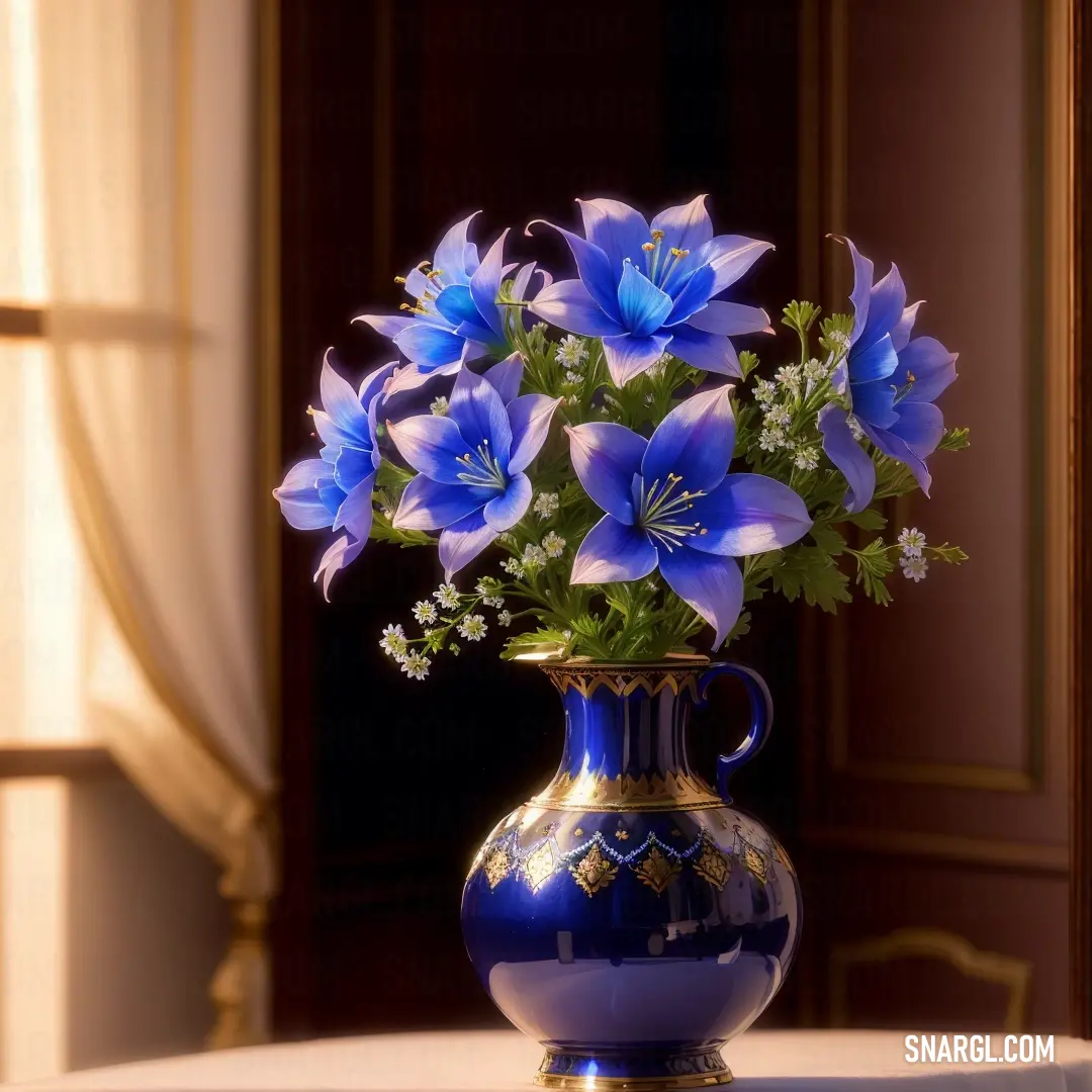 Blue vase with blue flowers in it on a table with a white cloth on it and a gold frame. Color CMYK 73,58,0,4.