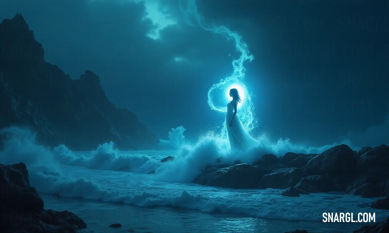 Woman standing on a rock in the ocean with a light in her hand and a storm coming from behind her