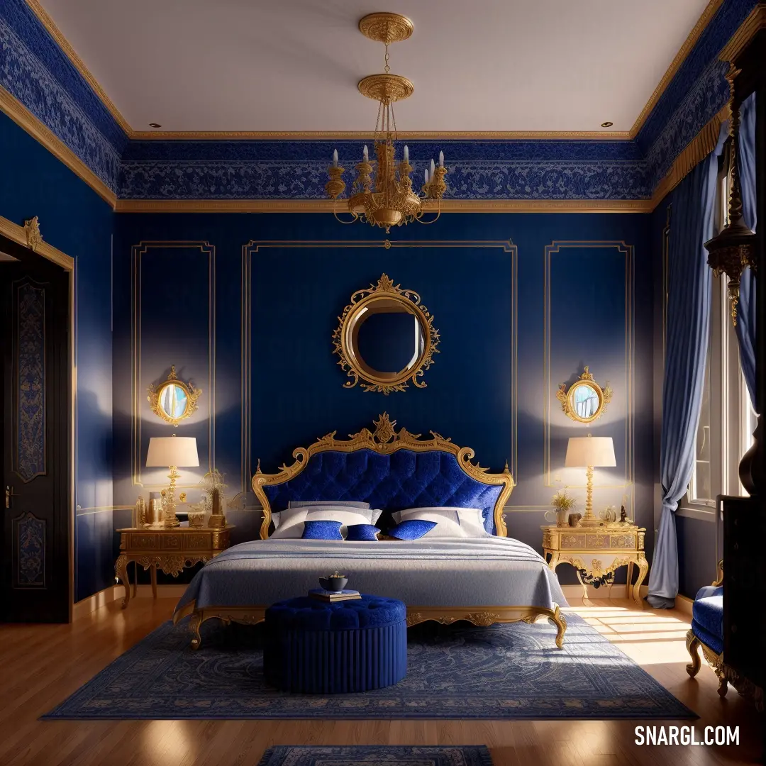 Ultramarine color example: Bedroom with a blue bed and a chandelier and a blue rug on the floor and a blue rug on the floor