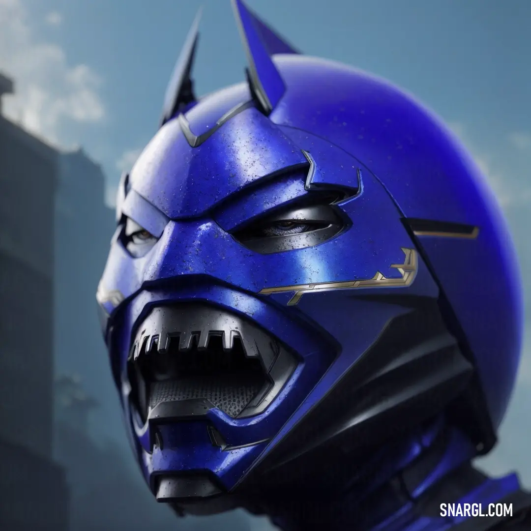 Blue helmet with a large mouth and a building in the background with clouds in the sky behind it