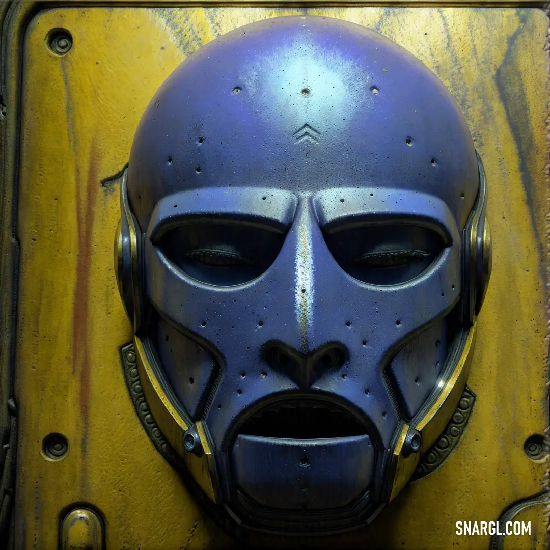Blue mask with a yellow background and a yellow frame around it