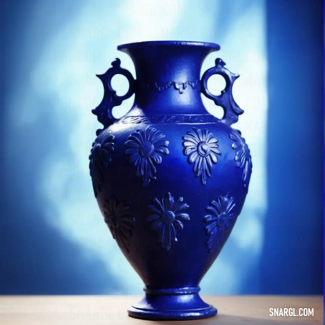 Blue vase on a table with a blue background. Example of #120A8F color.