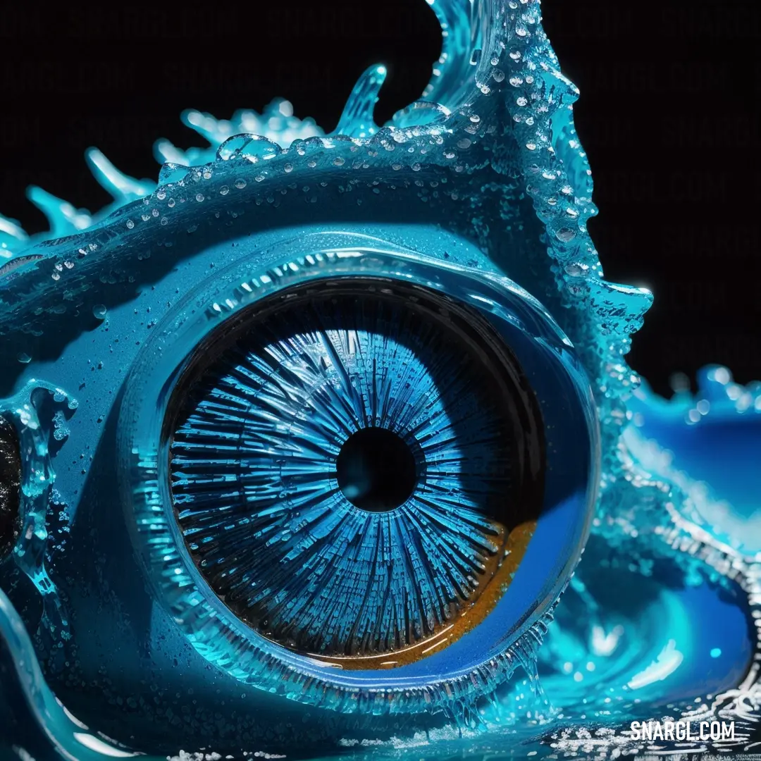 Close up of a blue eye with water droplets on it's iris lens and a black background
