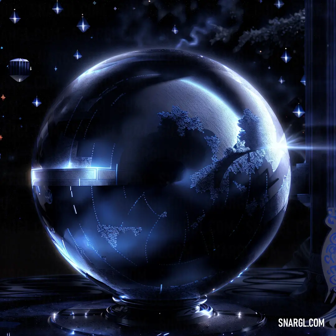 Glass globe with a blue glow in the middle of it and stars in the background