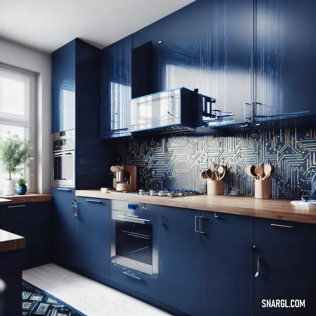 Kitchen with blue cabinets and a wooden counter top and a window with a plant in it and a rug on the floor