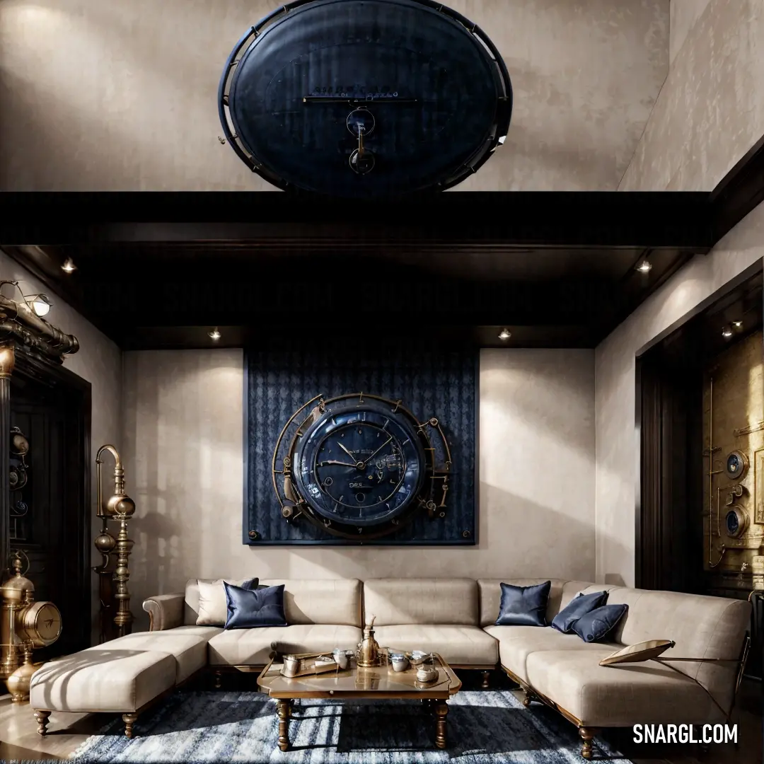 Living room with a large sectional couch and a clock on the wall above it. Color Ultramarine.
