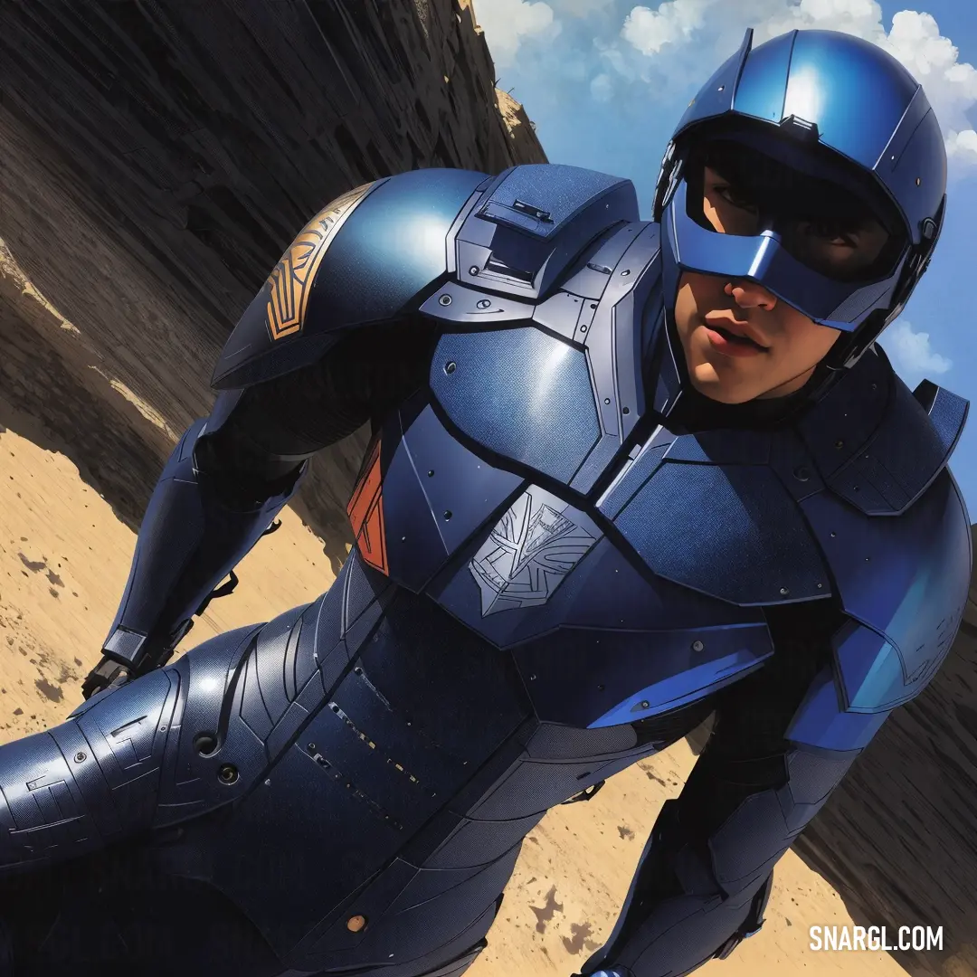 Man in a blue suit and helmet posing for a picture in the desert with a sky background and clouds