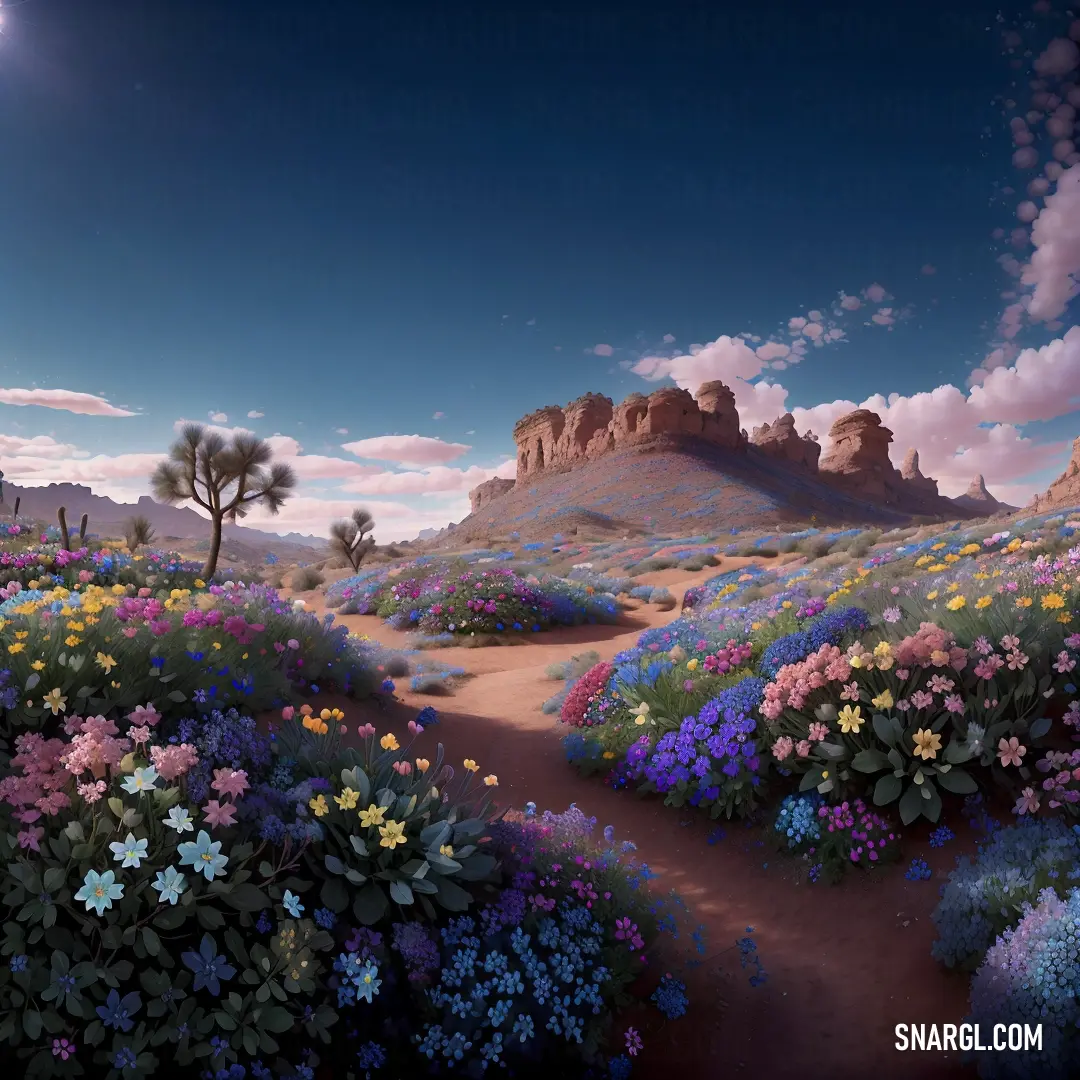 Painting of a desert with flowers and a tree in the foreground and a full moon in the background