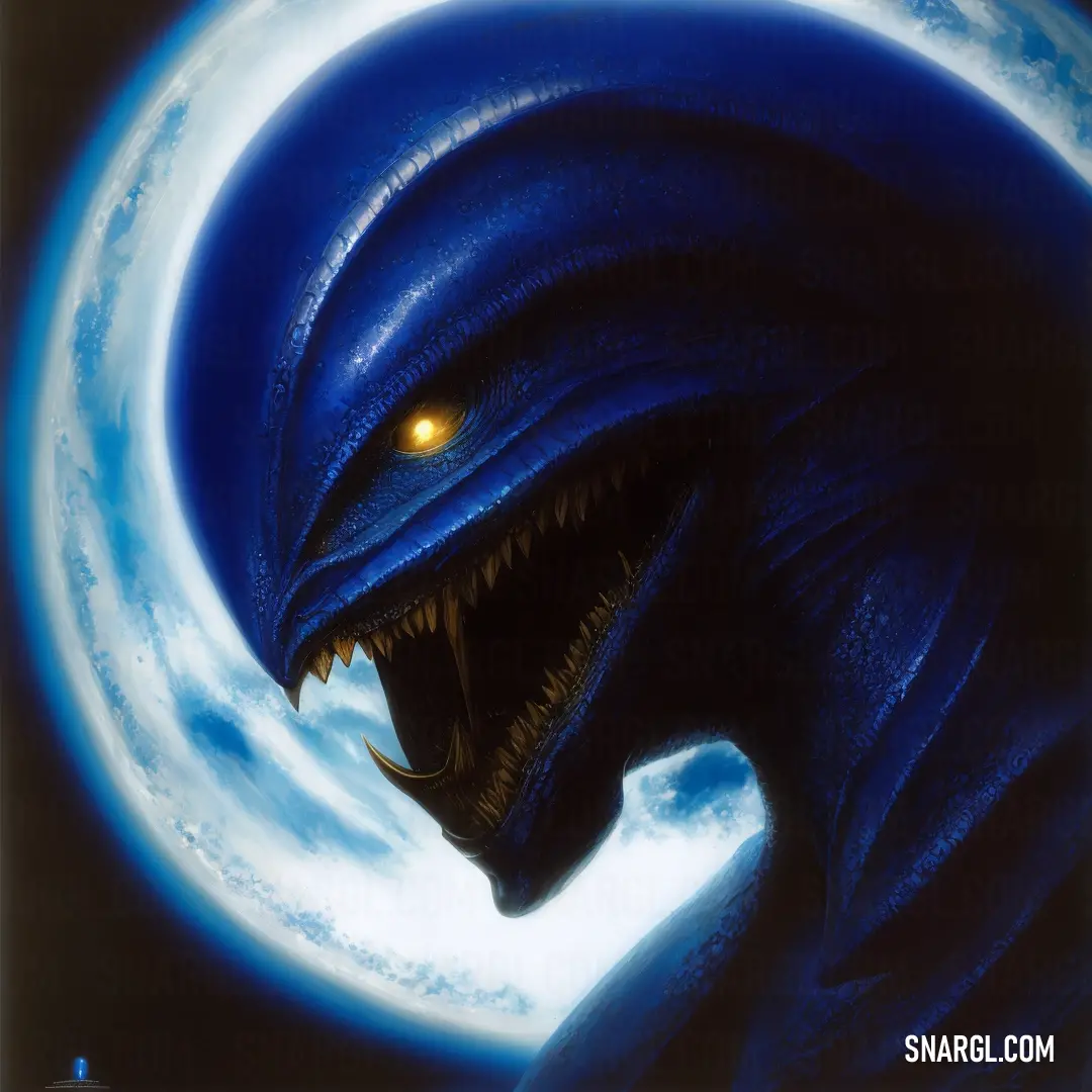 Painting of a godzilla with a glowing eye and mouth open in front of a blue sky with clouds