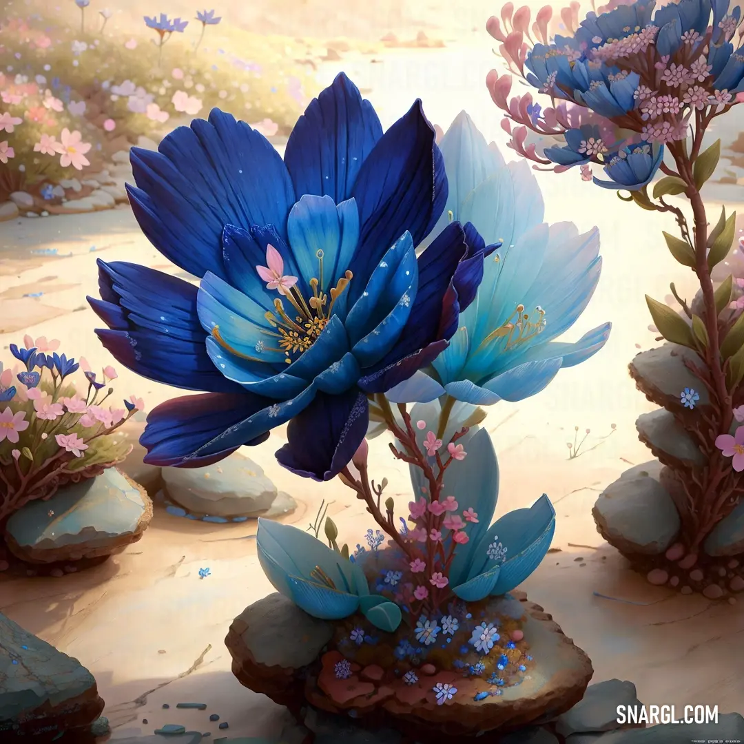 Painting of blue flowers on rocks and flowers in the background with a sky background and a few pink flowers