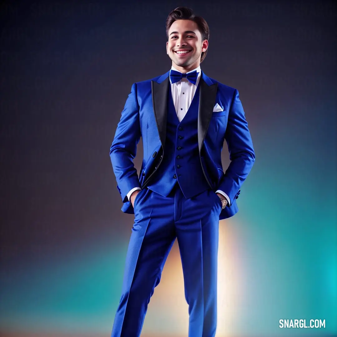 Man in a blue suit and bow tie posing for a picture with his hands on his hips. Example of CMYK 87,93,0,44 color.