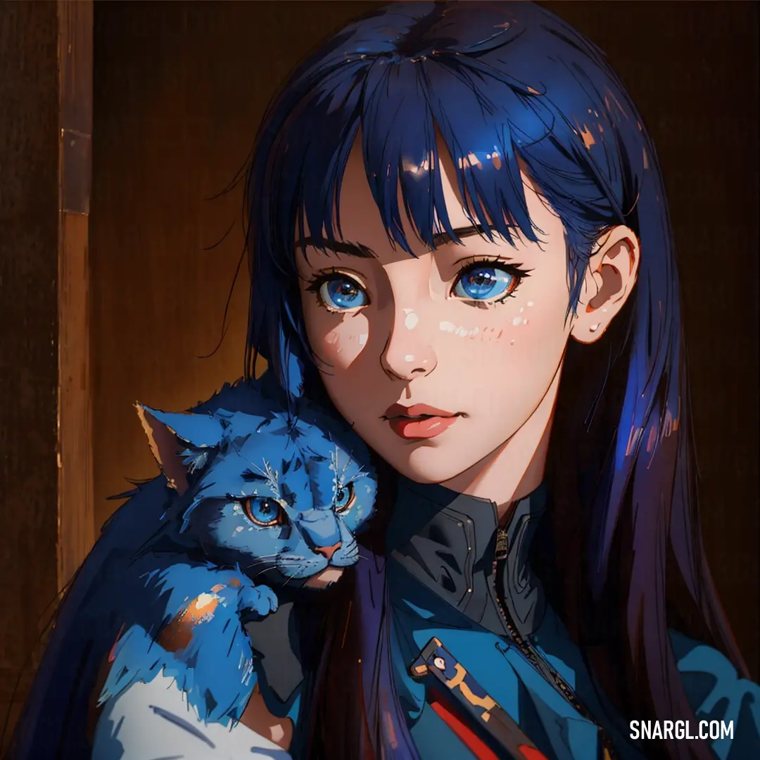 Woman holding a cat in her arms with blue eyes. Color Ultramarine.