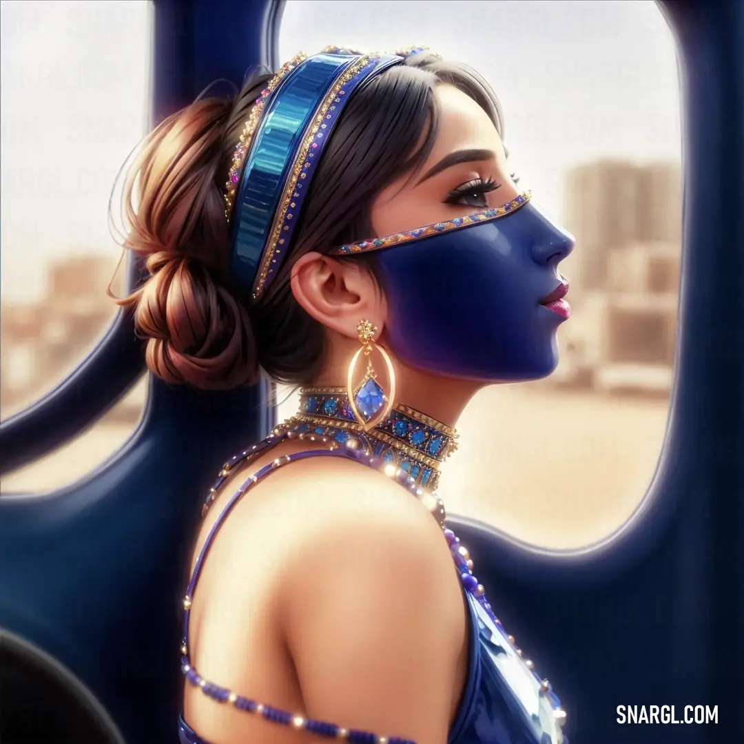 Woman with a blue mask and a blue dress on her head