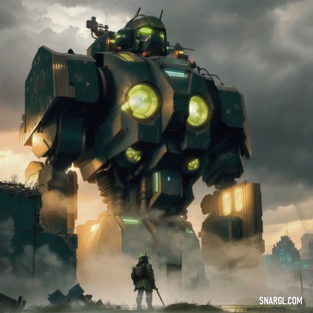 Giant robot standing in front of a city with a man standing next to it on a cloudy day