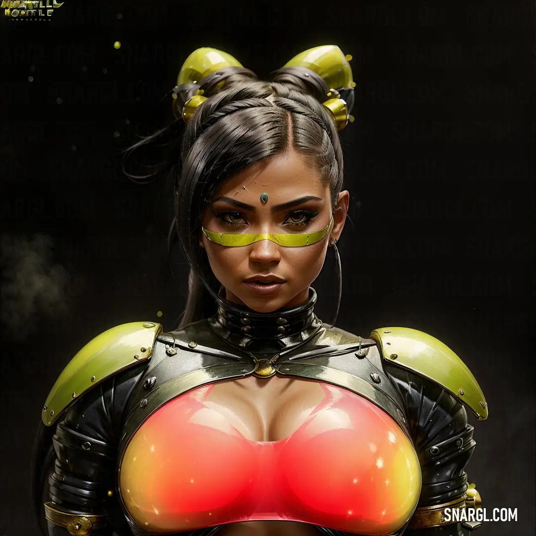Woman in a futuristic outfit with green and red makeup and a large breast and chest with yellow horns