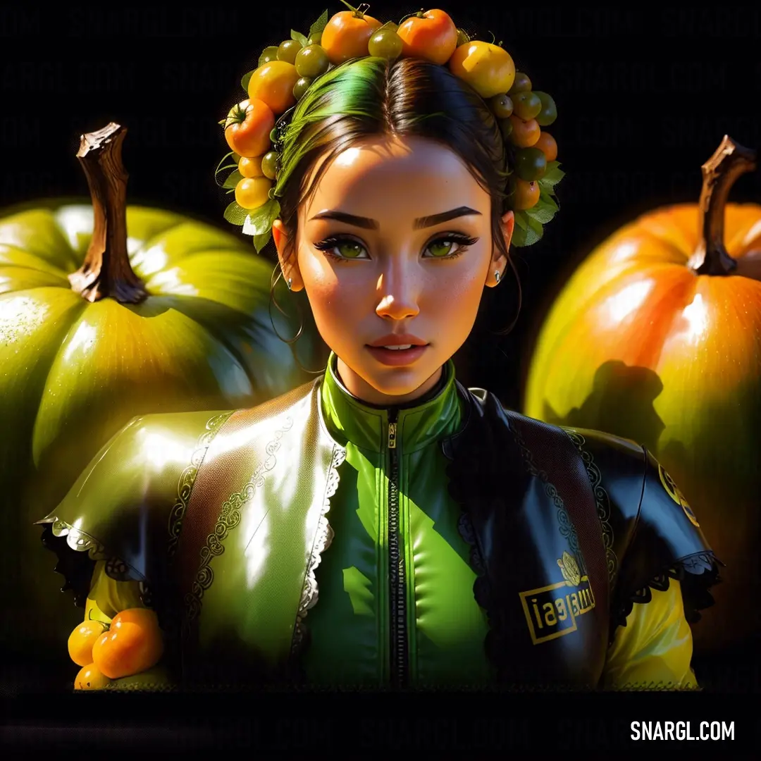 Woman with a green jacket and a bunch of oranges behind her back to the camera