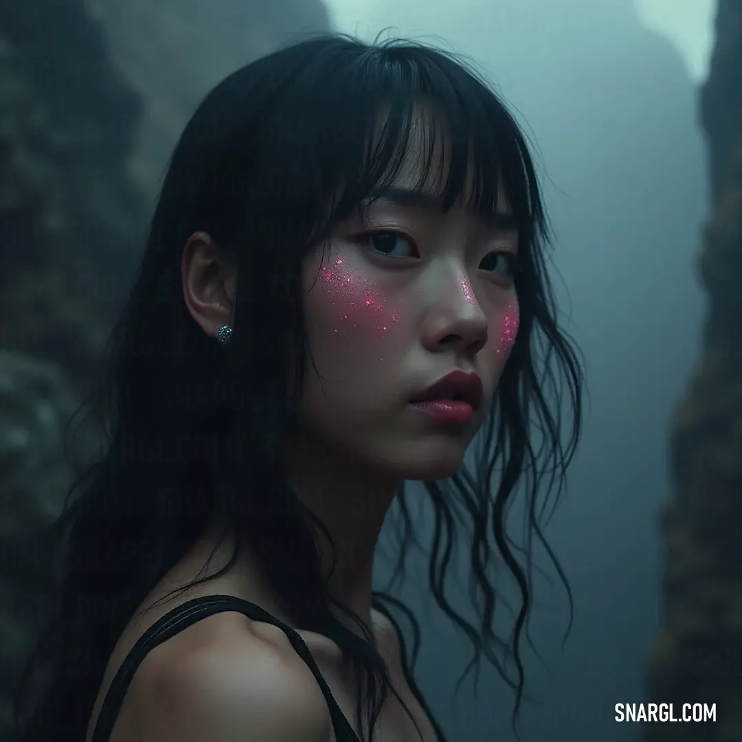 A captivating figure with pink makeup and long hair stands in a mystical cave, framed by towering mountains, evoking a sense of wonder and beauty. A striking figure adorned in pink makeup and flowing hair stands amidst a cave, with majestic mountains framing the scene, invoking a sense of majesty and grandeur against nature's silhouette.