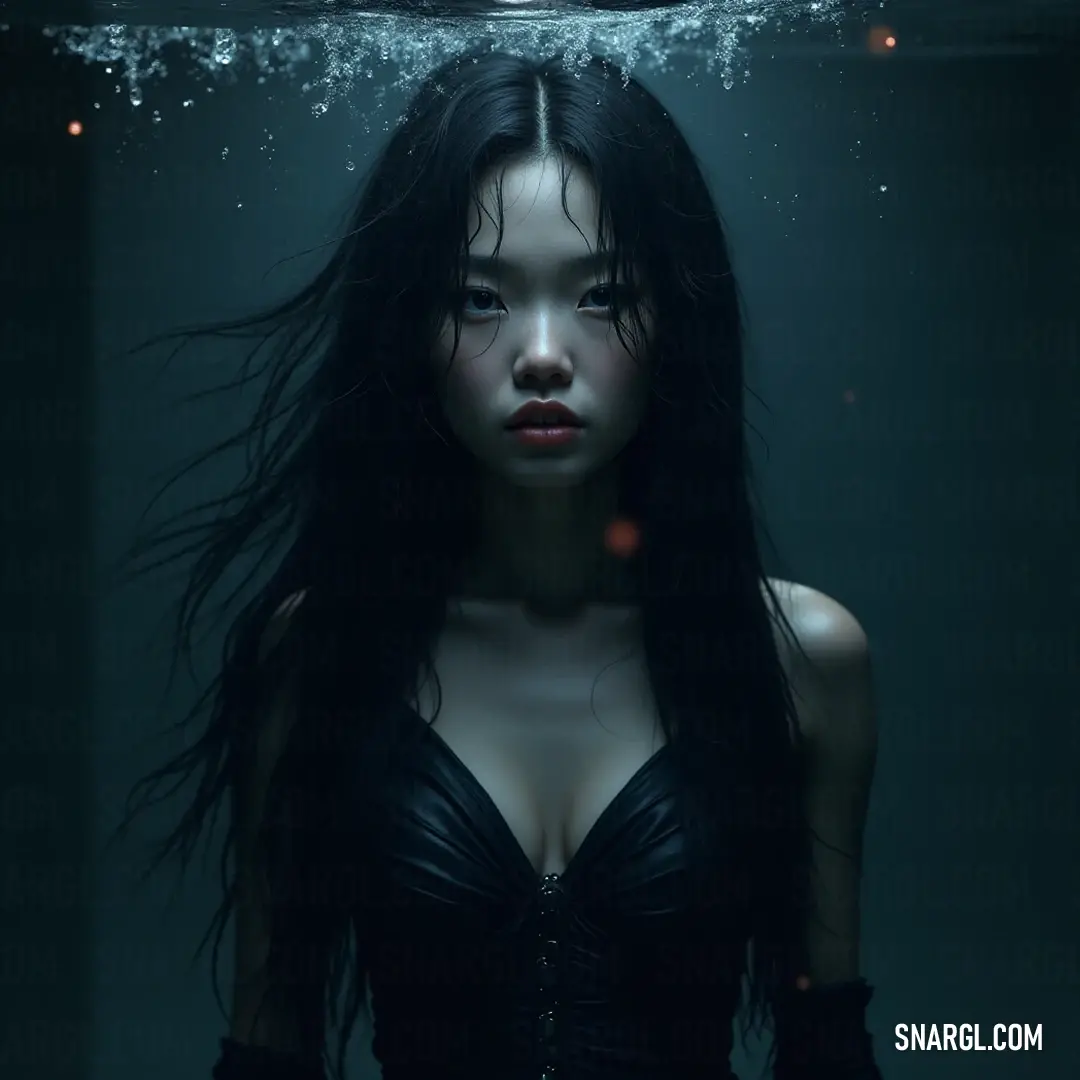 A serene figure with long hair appears underwater in a dark room, illuminated by gentle light, creating a captivating and tranquil scene filled with bubbles. Beneath the shimmering water in a dimly lit room, a graceful figure with long hair emerges, surrounded by bubbles as a soft light illuminates her face, creating a serene and dreamlike atmosphere.