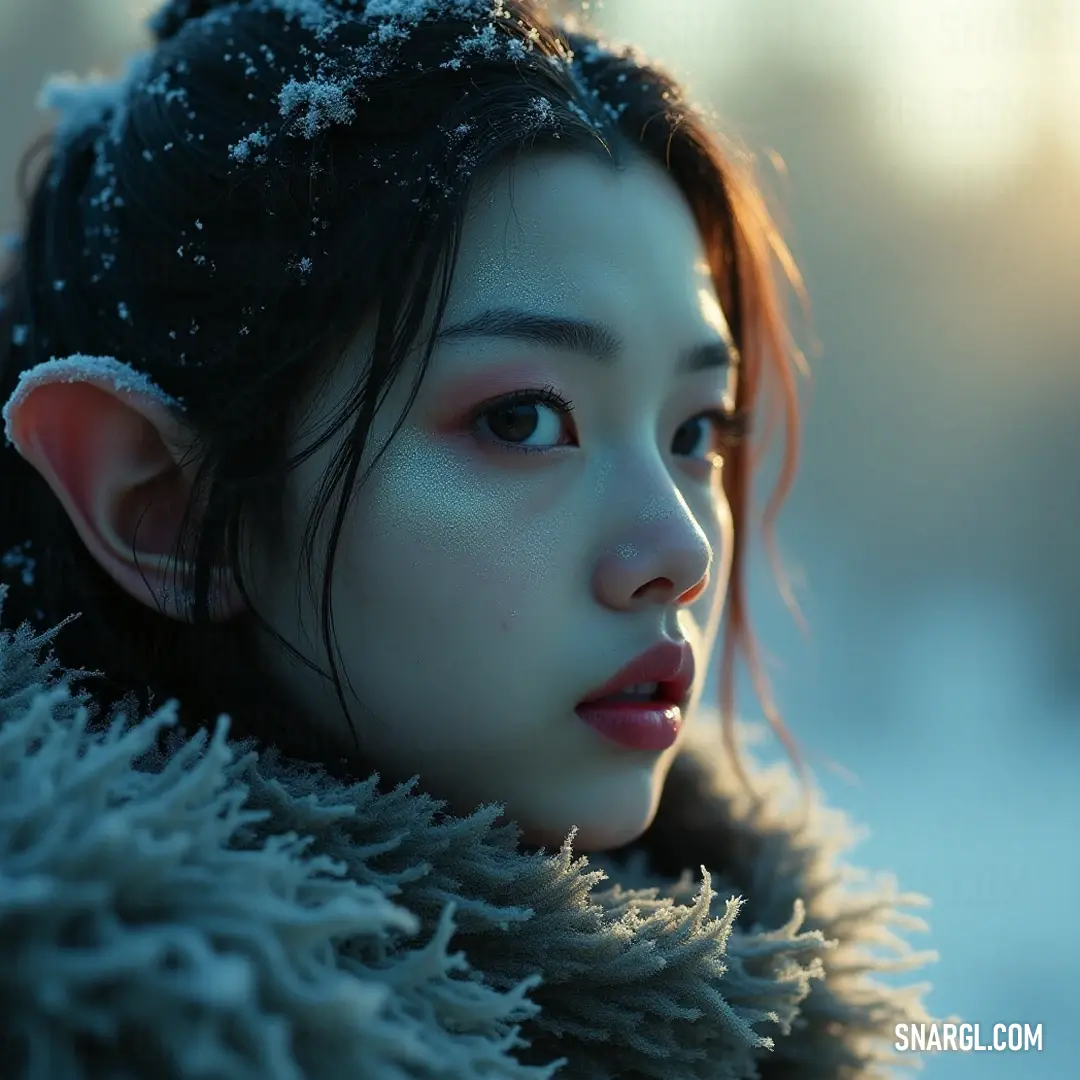 A contemplative figure in a fur coat looks off into the snowy landscape, adorned with snowflakes, capturing the magic of winter's embrace. Clad in a luxurious fur coat, a thoughtful figure gazes into the distance, with delicate snowflakes resting upon her head and shoulders, embodying the essence of winter wonder and solitude.