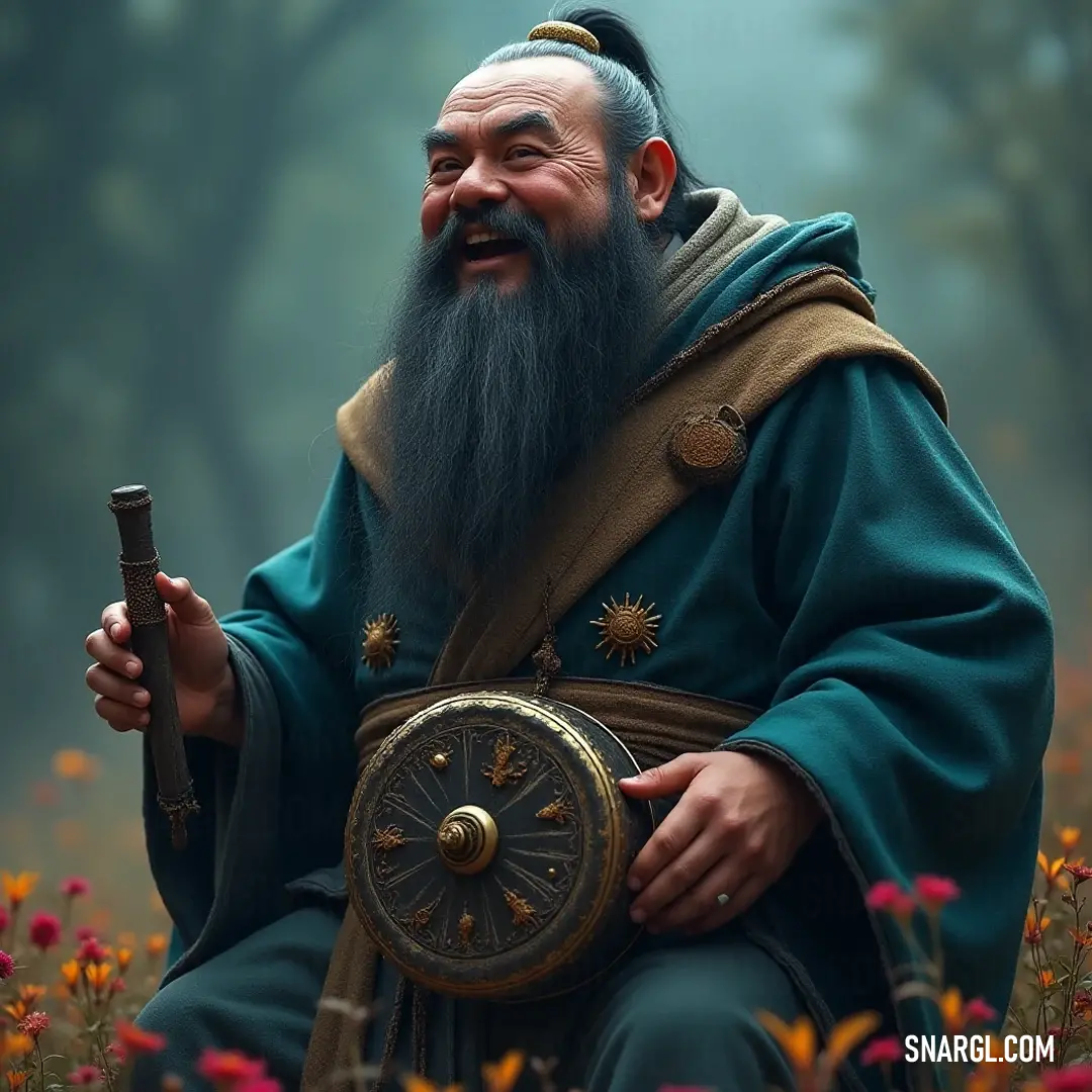 A seasoned warrior, surrounded by a colorful field of flowers, brandishes a sword in one hand and a clock in the other, embodying the harmony between nature and wisdom. In a vibrant field blooming with flowers, a venerable warrior stands with a sword in one hand and a clock in the other, his robust figure framed by nature's beauty. His long beard billows in the breeze, symbolizing time's passage and the wisdom gathered t