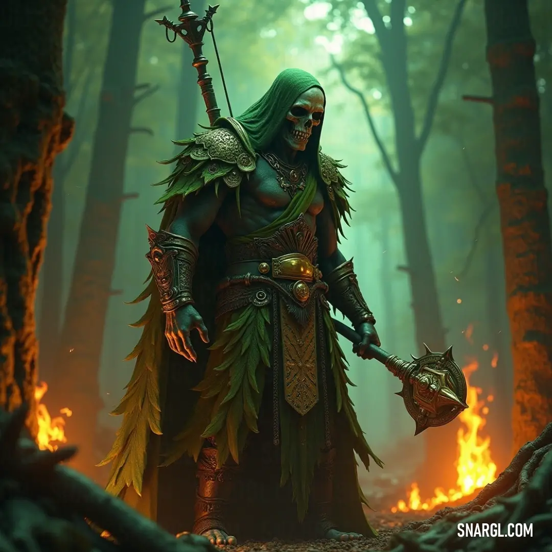 An Undead Barbarian in a vibrant green outfit wields a sword amid a forest, flames illuminating the courage that defies the surrounding shadows. In a mysterious forest, an Undead Barbarian donning a striking green costume brandishes a sword, while flames flicker ominously behind him. The air is charged with energy as he stands defiantly against the encroaching darkness around him.