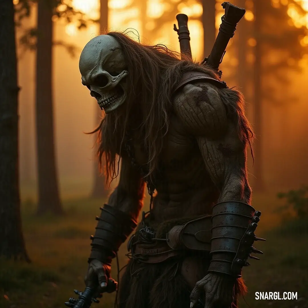 An undead barbarian, sword in hand, stands vigil in a forest at dawn, a skull heralding tales of ancient valor and forgotten battles. In a mystical forest at dawn, an undead barbarian grips a weathered sword, his skull-adorned head suggesting battles long past. Bathed in soft, ethereal light, he stands ready to face whatever challenges await in this enchanted realm.