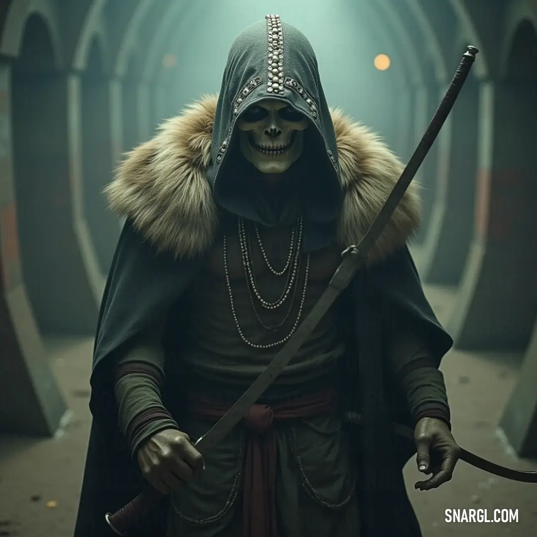 The Undead Berserker: Shadowed Warrior of the Night An eerie Undead Berserker, cloaked in a tattered costume, wields a gleaming sword beneath a shadowy hood, standing stoically as if awaiting an unsuspecting prey in a landscape steeped in mystery.