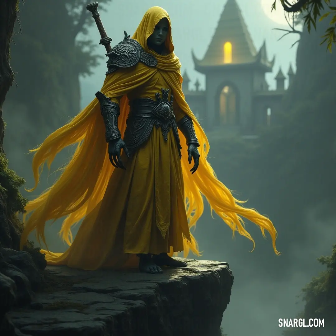 A fearsome Undead King grips his sword tightly atop a misty cliff, a majestic yet eerie castle hides within the fog, hinting at tales of glory and despair from a world long gone. An Undead King, draped in royal yellow, stands defiantly on a cliff's edge, his sword raised to the darkened sky, while a looming castle shrouded in fog serves as a haunting reminder of lost realms and forgotten glories.