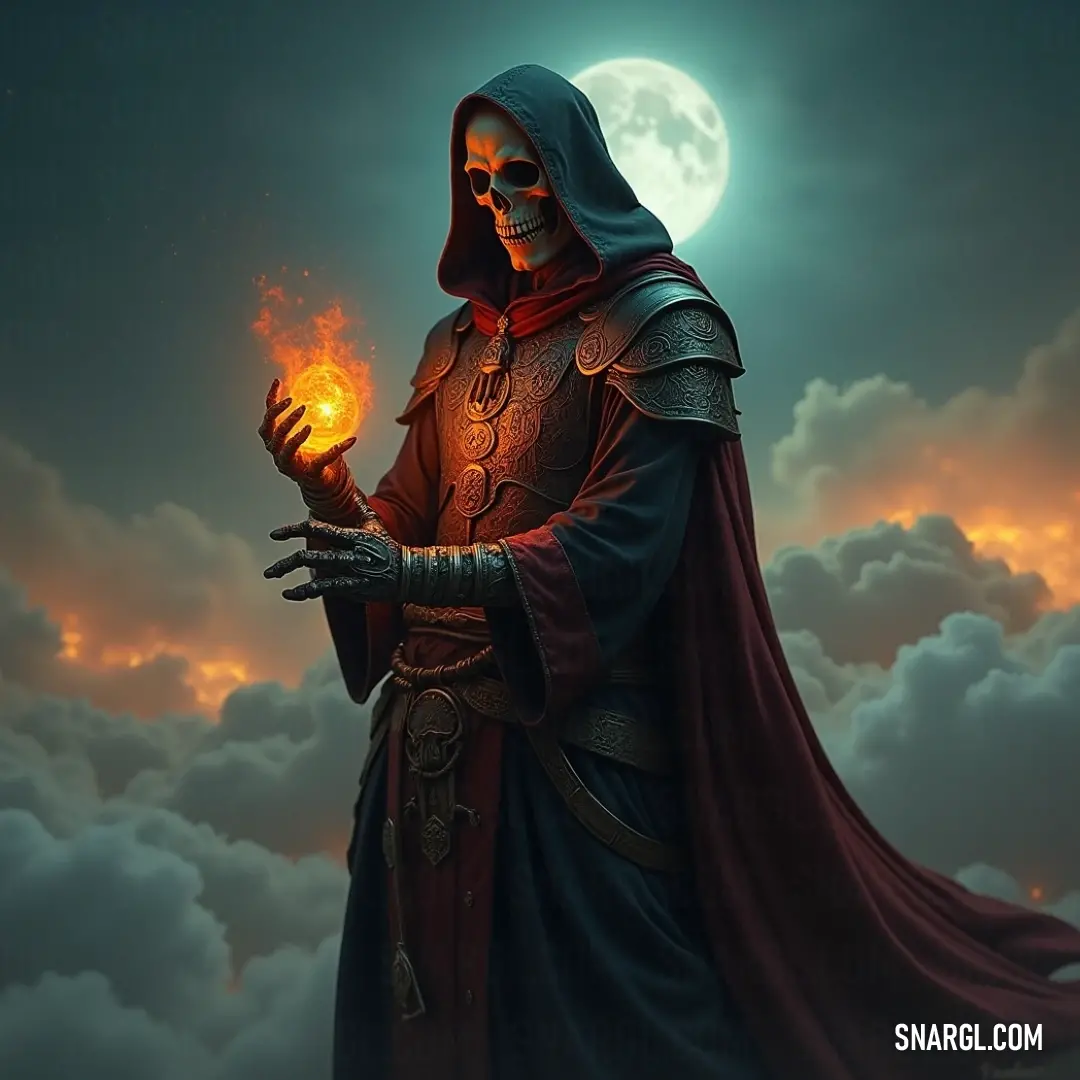 An undead mage in a weathered robe, conjuring a glowing ball of fire. The full moon lights up the scene, highlighting the mage’s spectral figure in the darkness. An undead mage draped in a tattered robe, holding a ball of glowing fire that illuminates the surrounding darkness. The full moon shines brightly in the background, casting an eerie glow on the mage’s haunting presence.