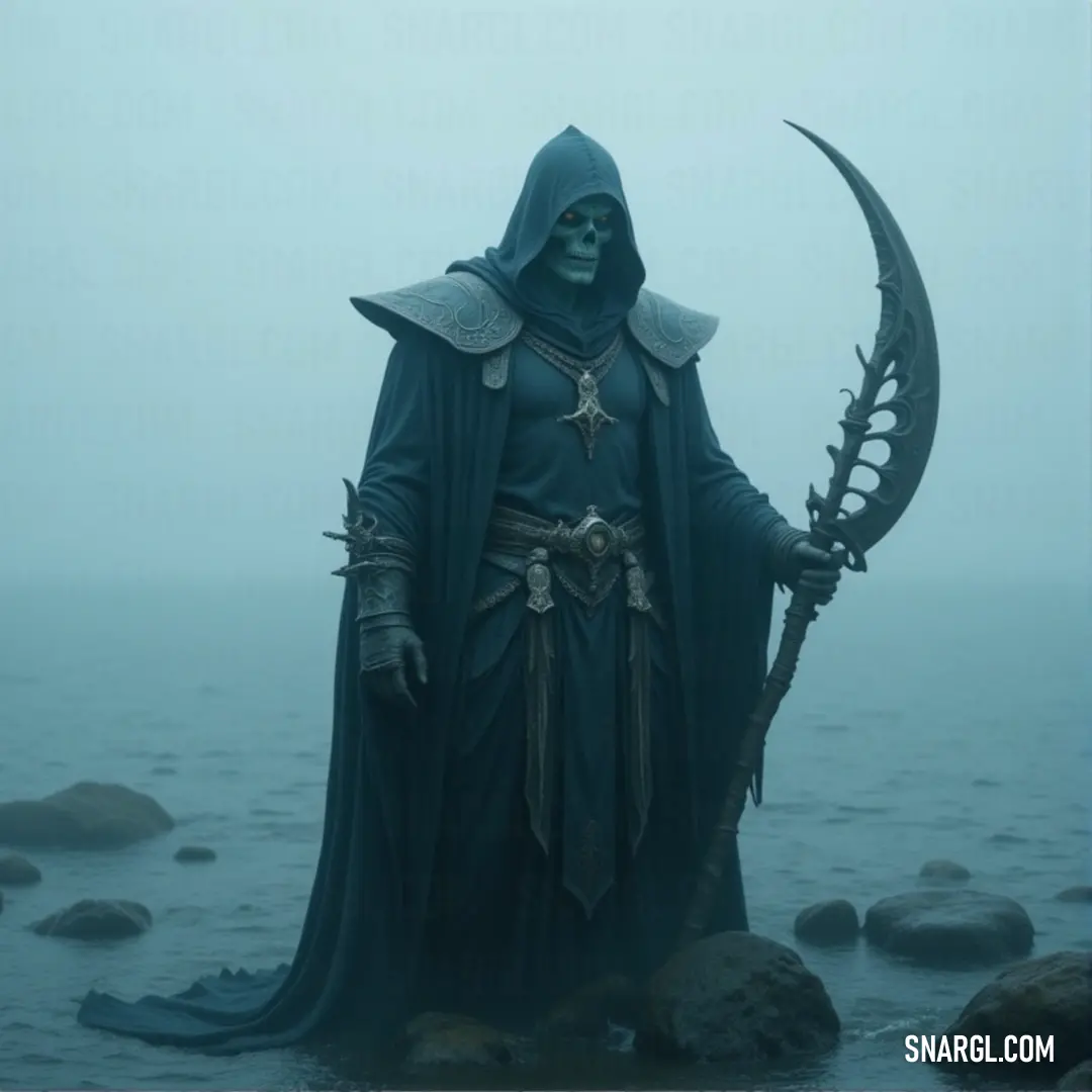 Grimter, cloaked in shadows, stands on a foggy sea with jagged rocks surrounding him, gripping his sceptacle as the mist swirls around his enigmatic form. A grim figure known as Grimter, wearing an ancient cloak, holds a sceptacle in his hand as he stands on a fog-shrouded sea, surrounded by jagged rocks, his presence exuding power over the elements of the misty waters.