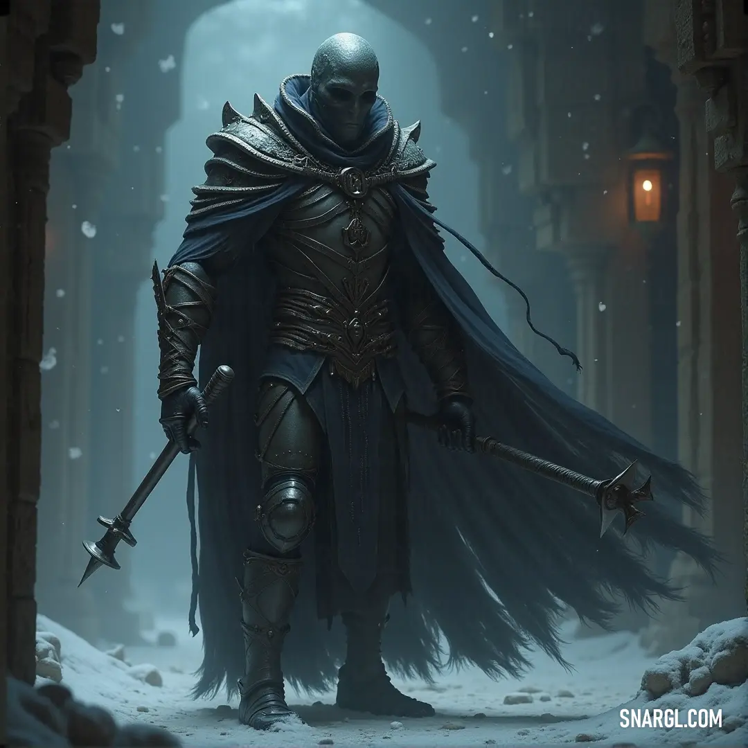 Undead Sage in a hooded robe, sword in hand, standing in a snow-filled alleyway with a lantern glowing in the distance. The Undead Sage, cloaked in a hooded robe, stands in a snow-covered alleyway, holding a sword as he faces an unseen enemy. The flickering lantern light casts eerie shadows, adding to the chilling atmosphere of the scene.